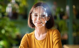 In a modern setting, a woman is engaged in a facial recognition check, demonstrating the use of technology for identification purposes in today world. photo