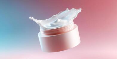 A floating jar of cream reveals a splash of product, set against a gradient background of soft pink and blue hues. photo