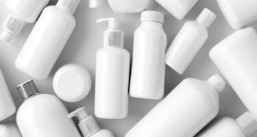A collection of white bottles arranged in a minimalistic style conveys a message about ecology and sustainability. The design reflects the importance of environmentally friendly choices. photo