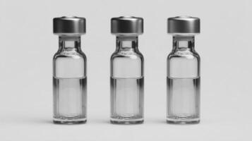 Three glass vials with metal caps are arranged in a row against a white background. photo