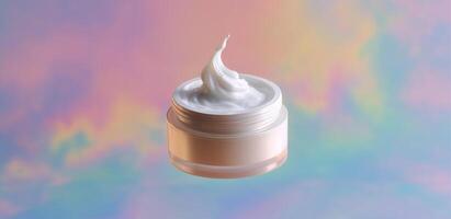 A jar containing a fluffy cream sits against a soft pastel backdrop. The product appears ready for application, showcasing an appealing texture, ideal for skin care enthusiasts seeking new cosmetics. photo