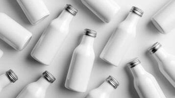 White bottles are arranged in a minimalistic pattern, showcasing a modern design that reflects themes of ecology and environmental disaster. This composition invites contemplation on sustainability. photo