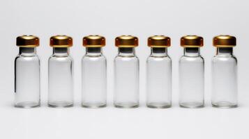 A row of transparent glass vials with gold tops displays simplicity and minimalism. This arrangement highlights ideas related to ecology and disaster prevention, focusing on sustainability. photo