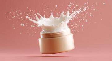 A jar in a soft beige color is seen as drops splash around it, creating a visually appealing effect. The backdrop is a light pink, enhancing the aesthetic of the beauty product moment. photo