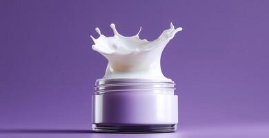 A jar filled with creamy cosmetic product sits on a smooth surface, with drops splashing above it. The background is a vibrant purple, enhancing the aesthetic appeal of the composition. photo