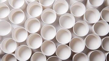 Rows of white minimalistic cups are arranged in a grid formation, representing both a disaster in waste and a potential for ecological innovation through simple design. photo