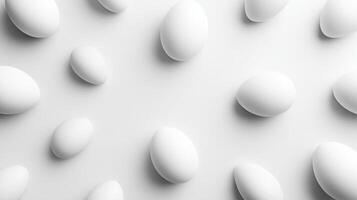Various white eggs are scattered across a clean, minimalistic surface, symbolizing themes of ecology and disaster. The arrangement highlights simplicity and emphasizes the fragility of nature. photo
