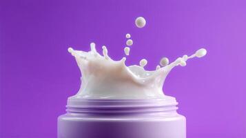 A jar of cream in a cosmetology setting creates a splash of product against a vibrant purple backdrop. The movements of the cream droplets highlight its texture and richness. photo