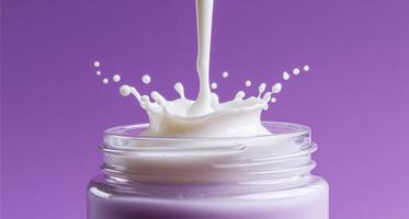 Cream is splashing from an open jar against a vibrant purple backdrop. The scene captures the essence of cosmetology, emphasizing the product's texture and application. photo