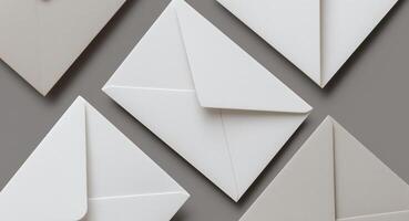 Envelopes in shades of white and light gray are artfully arranged against a neutral backdrop. The minimalistic design suggests a focus on sustainability in stationery choices and communication. photo
