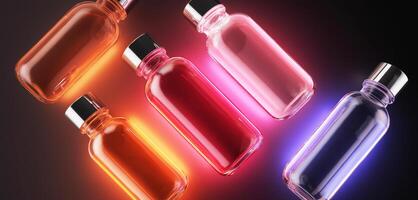 Five colorful bottles filled with serums are displayed against a dark backdrop. Each bottle features a sleek design with a metal cap. The vibrant hues suggest a focus on youthful beauty and skincare. photo