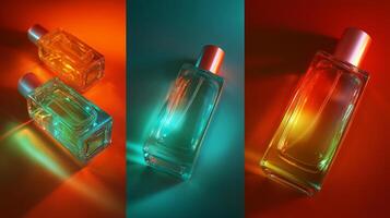 Glowing jars and bottles of serum are arranged against a vibrant backdrop, showcasing their colorful hues. photo