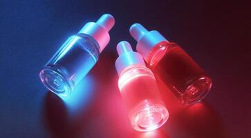Three cosmetic serums in clear jars are displayed against a dark background. photo