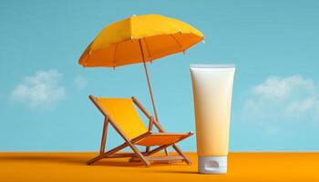 A tube of sun protection sits on an orange surface, next to a matching lounge chair and a bright yellow umbrella. The setting is vibrant and evokes a sense of warm outdoor leisure. photo