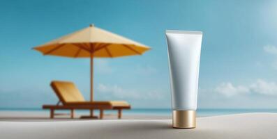 A tube of sun protection rests on a sandy beach, with a sun umbrella and wooden lounge chair in the background. The tranquil ocean waves and clear sky enhance the serene atmosphere for beachgoers. photo