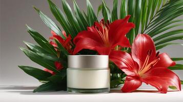 A modern skincare product is elegantly placed among lush green leaves and striking red flowers. photo
