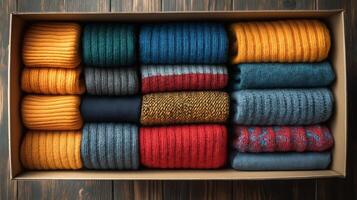 Sweaters of various colors and textures are organized neatly in a box for seasonal storage. photo