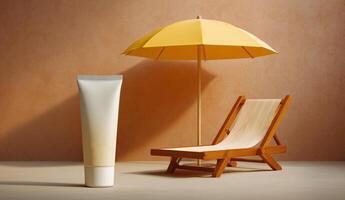 A tube of sun protection lotion stands in front of a yellow umbrella and a wooden beach chair. This setup highlights the importance of sunscreen during outdoor activities in sunny environments. photo