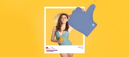 A young woman in a stylish swimsuit poses with a refreshing drink while giving a thumbs up against a bright yellow background. She radiates confidence and summer joy, perfect for social media. photo