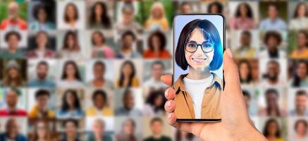 A person holds a smartphone showing a face scan against a background of diverse individuals. This reflects advancements in identification technology and its applications in daily life. photo