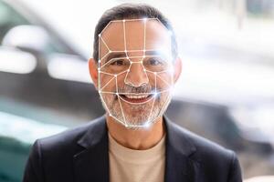 A man undergoes facial recognition checks using advanced technology as part of a secure identification process. This reflects new norms in personal security and identification methods. photo