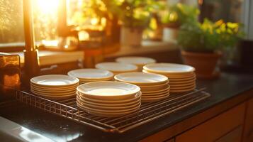 Sunlight streams into a cozy kitchen, warming clean plates stacked on a drying rack amidst greenery. photo