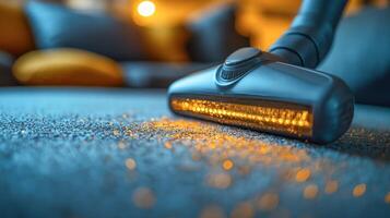 Vacuuming the carpet in a warm and inviting living room filled with soft light. photo