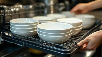 Clean white bowls are neatly arranged in a dish rack as hands organize them in an efficient kitchen. photo