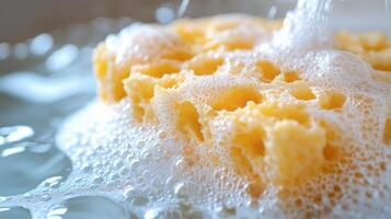 Water flows over a porous yellow sponge covered in bubbles in a clean kitchen environment. photo