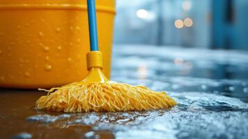 A yellow mop is cleaning a wet floor next to a bucket, highlighting a cleaning task in progress. photo