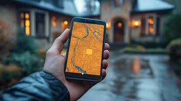 A person uses a smartphone to check a map while standing outside a house on a rainy evening. photo