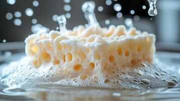 Sponge releases bubbles while being rinsed under running water in a basin, creating ripples. photo
