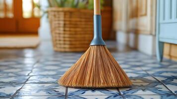 A broom stands on a patterned floor under warm light, inviting cleanliness. photo