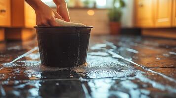 A person cleans a tiled floor with soap and water in a well-lit kitchen. photo