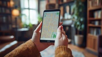 Hands holding a smartphone displaying a vibrant city map while relax in a warm, inviting space. photo