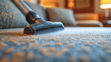 A vacuum cleaner is actively cleaning the fabric of a sofa in a warm, inviting living room. photo