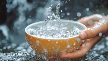 A hand holds a bowl as water cascades in, splashing in a serene setting. photo