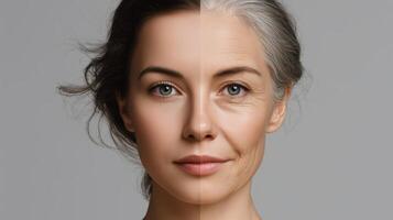 A woman stands confidently, displaying a split view of her face with one side embodying youthful features and the other portraying aged characteristics. photo