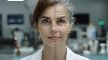 A woman stands confidently in a technology lab, her face showing both youth and age. This unique contrast highlights the impact of innovation on future generations in the tech industry. photo