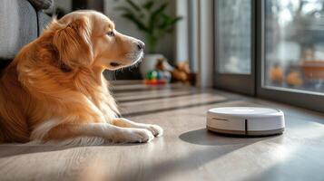 A golden retriever lays on the floor, observing a robot vacuum in a bright and cozy space. photo