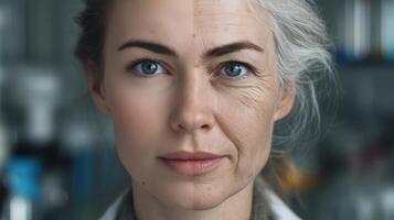 A woman stands in a modern lab, surrounded by cutting-edge technology. Her dual expression reflects both youth and age, symbolizing the journey of innovation. photo