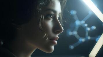 A young woman gazes intently at a glowing light while engaging with futuristic technology. photo