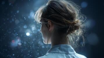 A young woman reflects on innovation and technology in a dimly lit space. Surrounded by sparkling lights, she appears lost in thought, symbolizing the potential of youth in shaping the future. photo