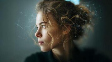 A young woman with curly hair is deep in thought, focusing on the future of technology and innovation in a modern workspace. photo