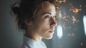 A focused young woman contemplates the future of innovation as digital connections illuminate her surroundings. She engages in creative thinking in a modern, tech-driven environment, sparking ideas. photo