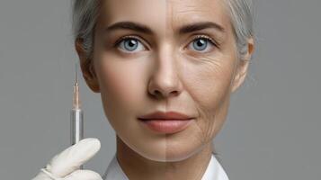 A woman confidently holds a syringe, representing modern advancements in anti-aging solutions. This innovative approach highlights the intersection of youth and technology in personal care. photo