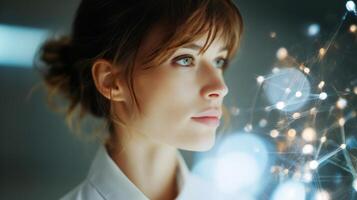 A young woman with expressive eyes is deep in thought while exploring new technology. photo