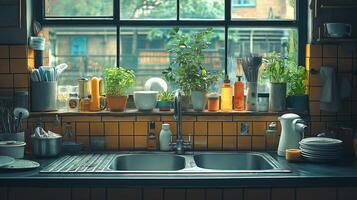 Fresh herbs thrive in pots by the window above a rustic kitchen sink, creating a warm atmosphere. photo