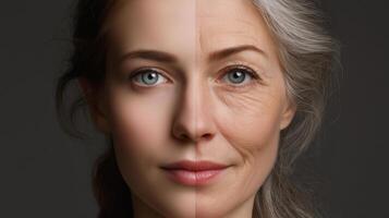 A woman stands at the forefront of a technological advancement, illustrating the contrast between youth and aging. photo