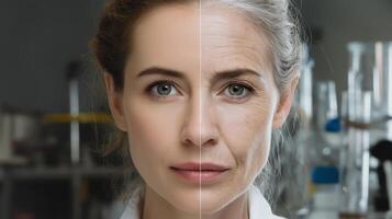 A woman in a laboratory demonstrates the intersection of youth and technological innovation. Her split-face image highlights the contrast between youthful vitality and aging, symbolizing resilience. photo